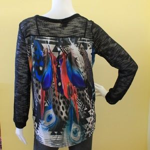 Sheer Black Top with Blue Feather Design on Back in Size Small